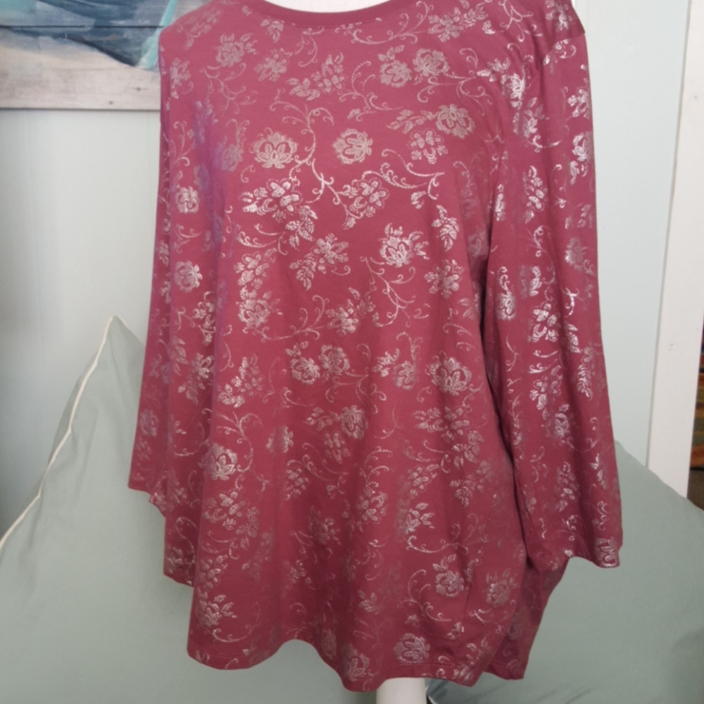 Angels Forever Young Wine Floral Metallic Tunic Top 2X Boho Cottagecore